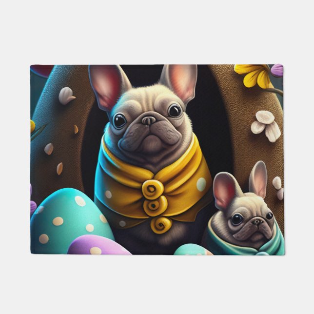 Adorable Pug with Easter Eggs A Festive and Cute Doormat (Front)