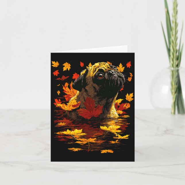 Adorable Pug With Forest Leaves Cozy Autumn Dog Fa Card (Front)