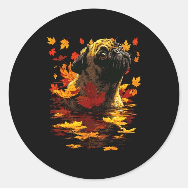 Adorable Pug With Forest Leaves Cozy Autumn Dog Fa Classic Round Sticker (Front)