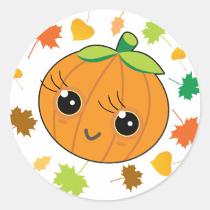 🎃 Adorable pumpkin with leaves in a background Classic Round Sticker