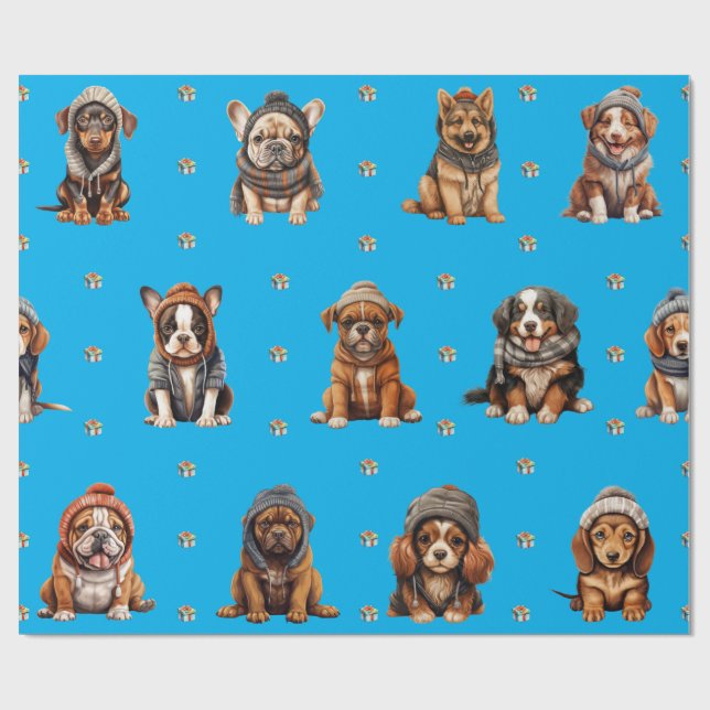 Adorable Puppies 1 Christmas Holiday on Blue Wrapping Paper (Flat)
