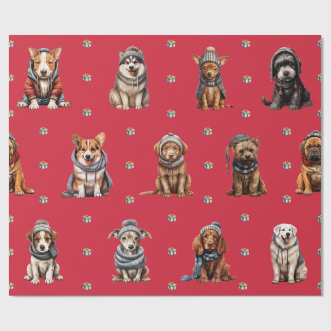 Adorable Puppies 5 Christmas Holiday on Red Wrapping Paper (Flat)
