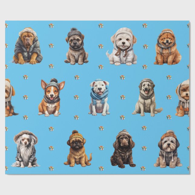 Adorable Puppies 7 Christmas Holiday on Blue Wrapping Paper (Flat)