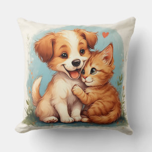 Adorable Puppy and Kitten Hugging Cushion