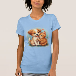 Adorable Puppy and Kitten Hugging T-Shirt
