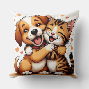 Adorable Puppy and Kitten Hugging with Warm Smiles Cushion