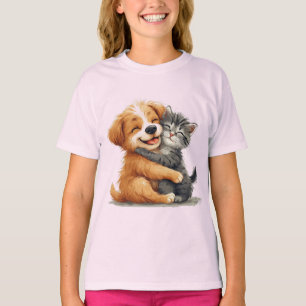 Adorable Puppy and Kitten Hugging with Warm Smiles T-Shirt