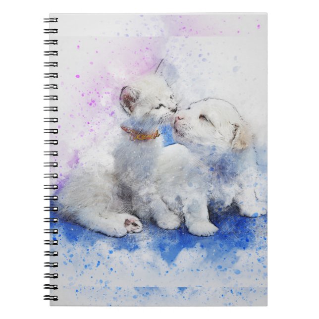 Adorable Puppy and Kitten Kiss Paint Splatter Note Notebook (Front)