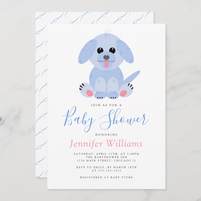 Adorable Puppy Blue Personalised Baby Boy Shower Invitation (Front/Back)