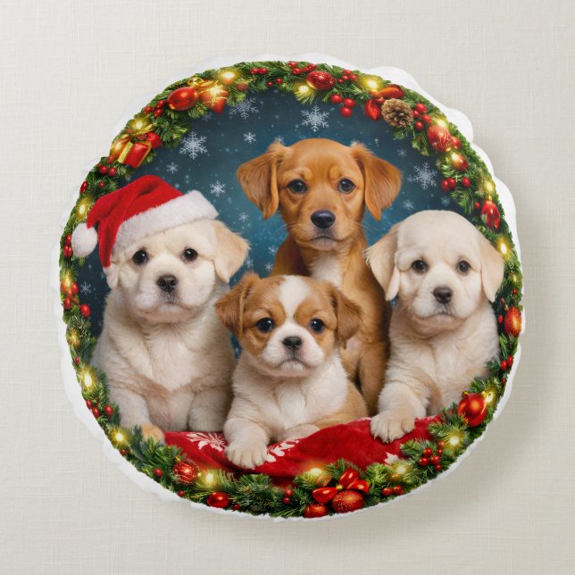 Adorable Puppy Christmas Round Pillow (Front)