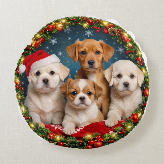 Adorable Puppy Christmas Throw Pillow (Front)