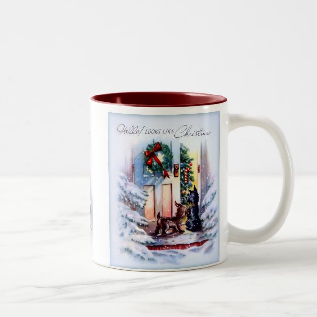 Adorable Puppy Christmas Visitors Two-Tone Coffee Mug (Right)