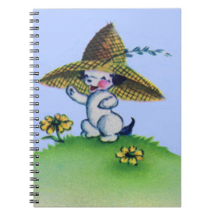 adorable puppy dog wearing big straw hat spiral notebook