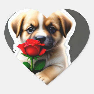Adorable Puppy Holding a Rose Heart Sticker