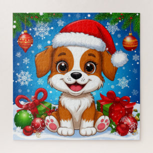 Adorable Puppy in Santa Hat With Christmas Gifts Jigsaw Puzzle