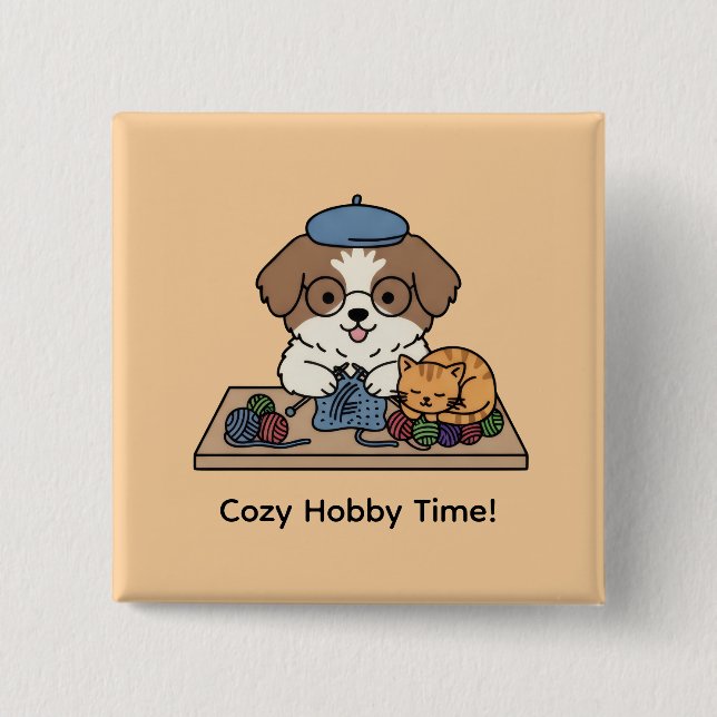 Adorable Puppy Knitting with Friend Hobby Art Pin (Front)