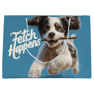 Adorable Puppy Mid-Air Running with a Stick Large Gift Bag