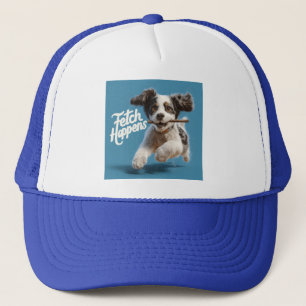 Adorable Puppy Mid-Air Running with a Stick Trucker Hat