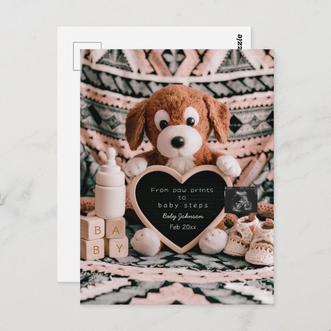 Adorable puppy plushy pregnancy announcement  postcard (Front/Back)