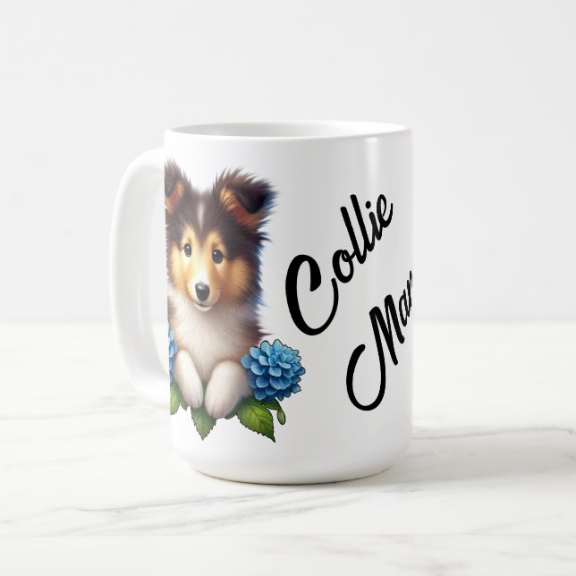 Adorable Puppy with Blue Flowers Collie Mama Coffee Mug (Front Left)