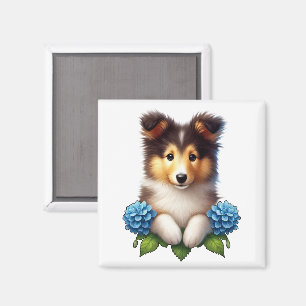 Adorable Puppy with Blue Flowers Magnet