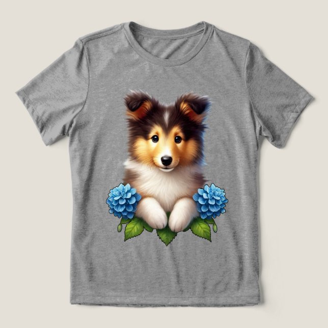 Adorable Puppy with Blue Flowers Tri-Blend Shirt (Design Front)