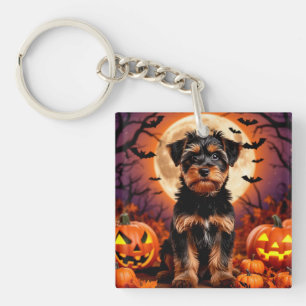 Adorable Puppy with Halloween Background Key Ring