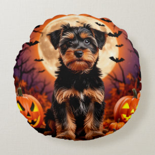 Adorable Puppy with Halloween Background Round Cushion
