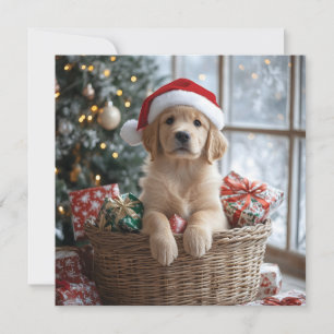 Adorable Puppy with Santa Hat in Basket Holiday Card