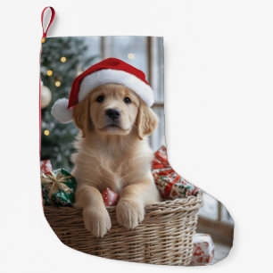Adorable Puppy with Santa Hat in Basket Small Christmas Stocking