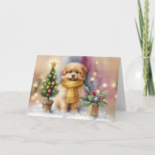 Adorable Puppy with Yellow Scarf & Christmas Tree Card