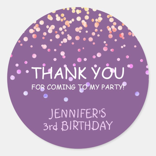 Adorable Purple Confetti Thank You Party Birthday Classic Round Sticker (Front)