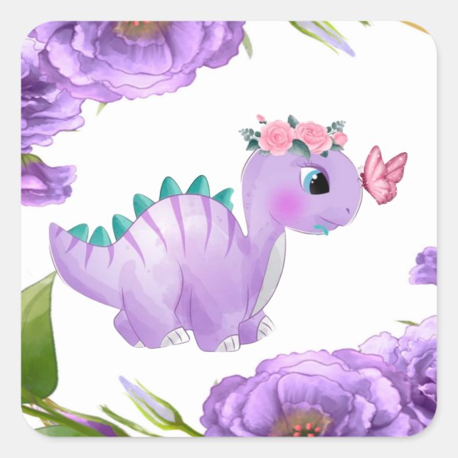 Adorable Purple Dinosaur Floral Baby Shower  Squar Square Sticker (Front)