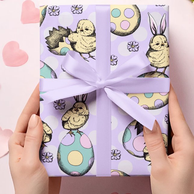 Adorable Purple Easter Chicks & Bunny Ears Wrapping Paper (Adorable hand-drawn baby chicks hatched from colorful pastel Easter eggs, wearing bunny ears! )