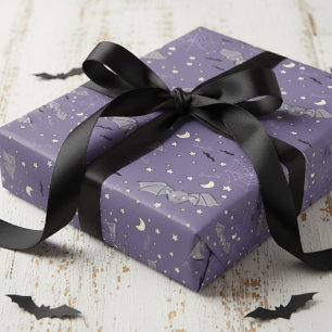 Adorable Purple Spooky Cute Bats Halloween Wrapping Paper
