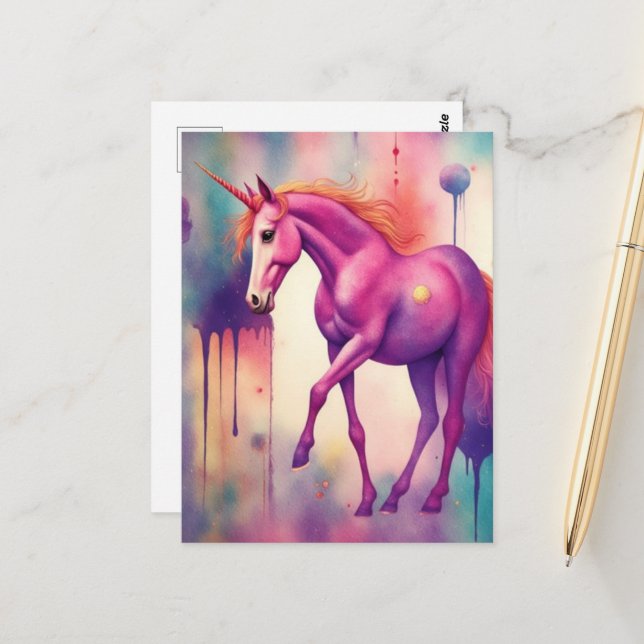Adorable Purple Unicorn Fantasy Postcard (Front/Back In Situ)