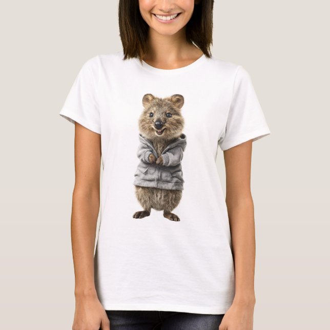 Adorable Quokka in a Grey Hoodie T-Shirt (Front)