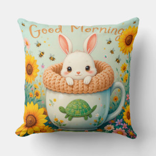 Adorable Rabbit in Mug Surrounded by Sunflowers Cushion