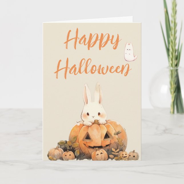 Adorable Rabbit in Pumpkin Patch #2 Halloween  Holiday Card (Front)