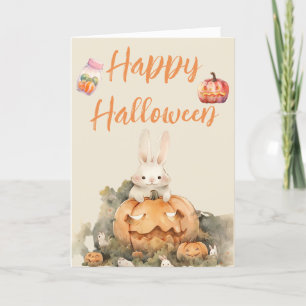 Adorable Rabbit in Pumpkin Patch Halloween  Holiday Card