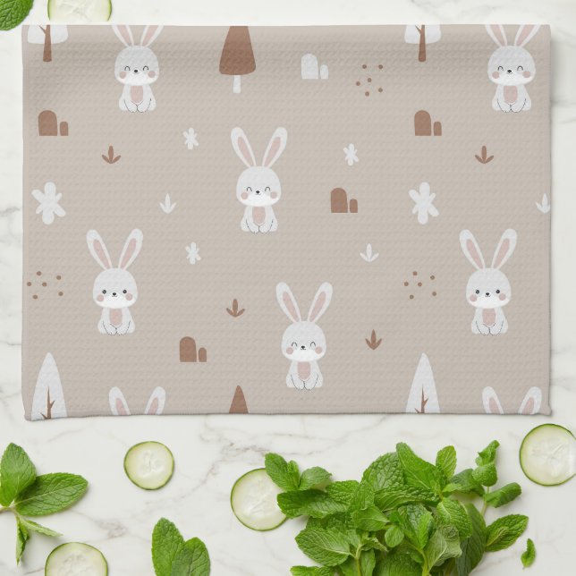 Adorable Rabbit Kids Pattern Kitchen Towel (Folded)