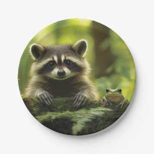 Adorable Raccoon and Frog Peeking Over Mossy Log i Paper Plate