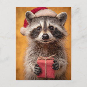 Adorable Raccoon in a Santa Hat Holding a Present Holiday Postcard