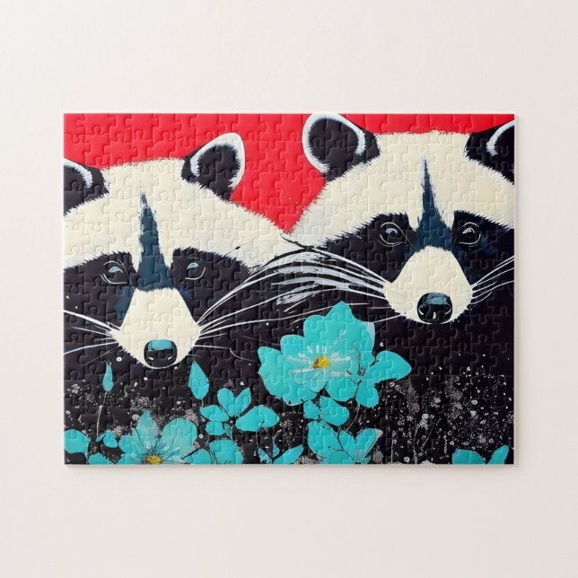 Adorable Raccoons With Blue Flowers Jigsaw Puzzle (Horizontal)