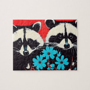 Adorable Raccoons With Blue Flowers Red Background Jigsaw Puzzle