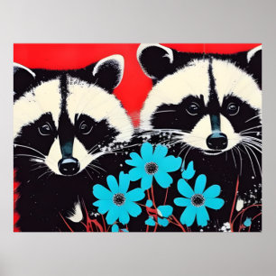 Adorable Raccoons With Blue Flowers Red Background Poster