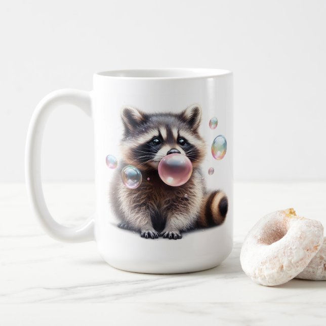 Adorable Racoon Blowing Bubble Gum  Coffee Mug (With Donut)