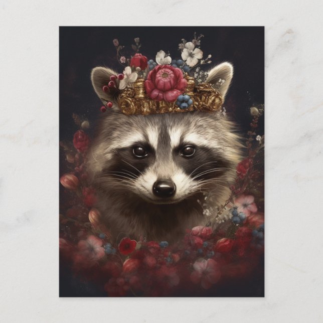 Adorable Racoon in a Crown with Flowers Postcard (Front)