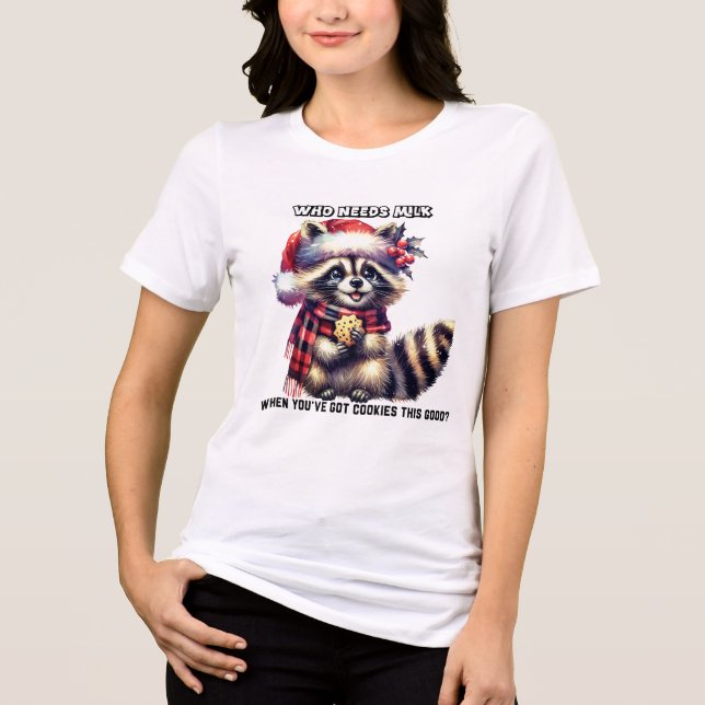 Adorable racoon wearing a Santa hat holds cookies Tri-Blend Shirt (Front)