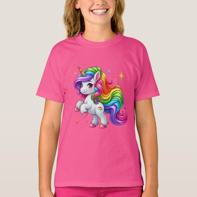 Adorable Rainbow Unicorn with Cloud & Rainbow Mark T-Shirt (Front)